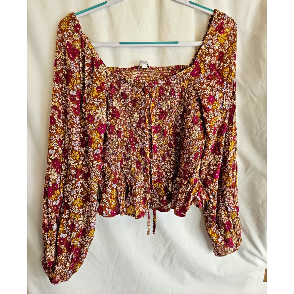 Patrons of Peace Blouse Women L Brown Floral Excellent Smocked Peasant J1658F03